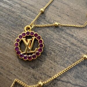 Upcycled LV Pink Rhinestone Necklace on 18K Gold Filled Ball Chain